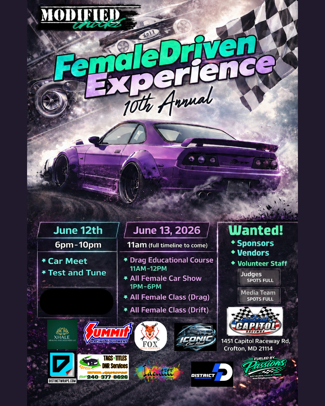 10th Annual "Female Driven Experience"(DMV) Registration must be paid at the gate today 6/12 and tomorrow 6/13 please bring cash